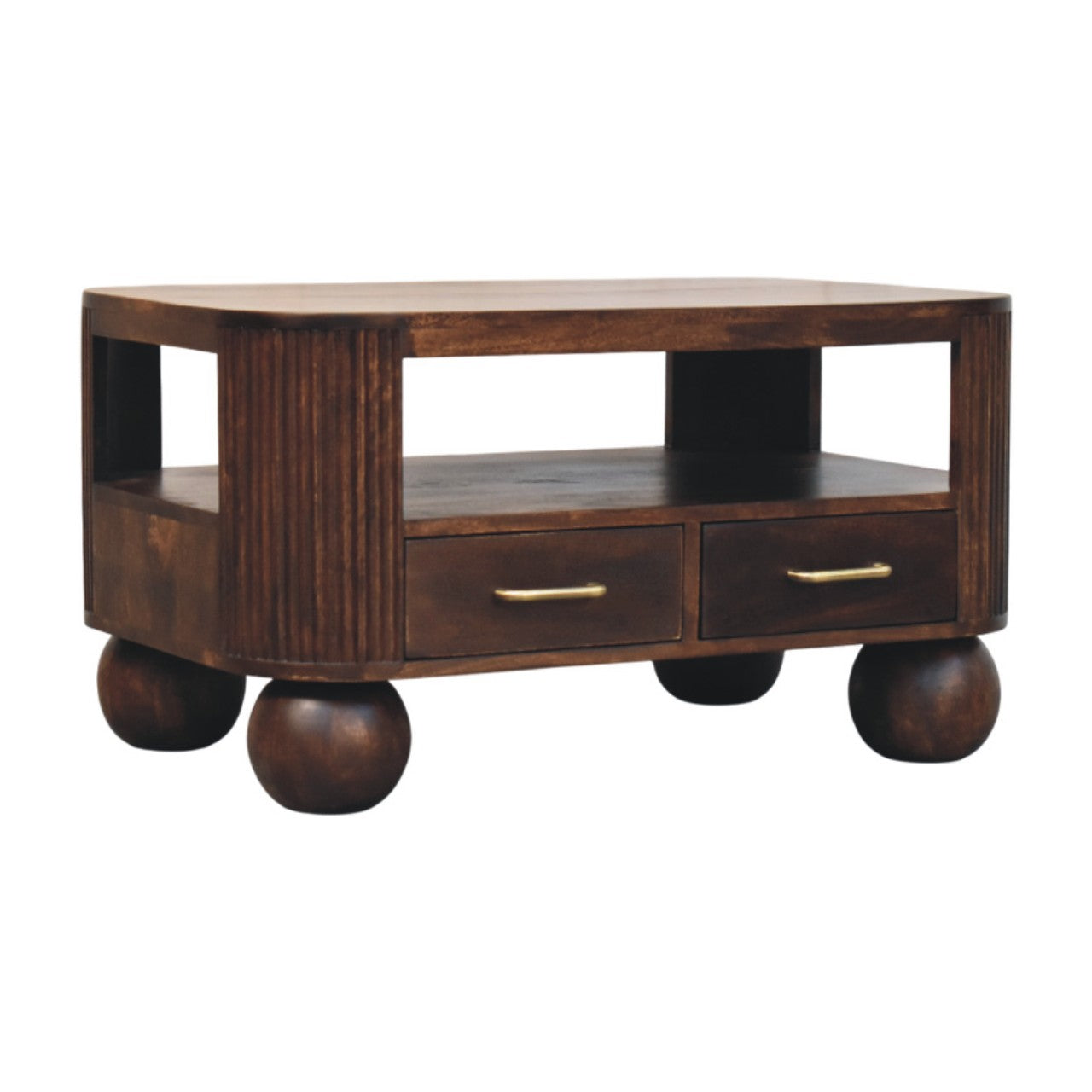 Sphere Leg Coffee Table – California Walnut Solid Mango Wood 2-Drawer Storage Unit with Fluted Detail