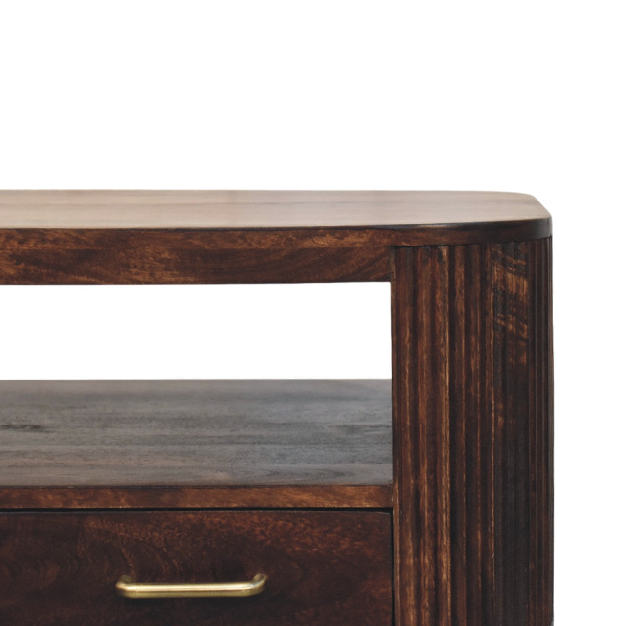 Sphere Leg Coffee Table – California Walnut Solid Mango Wood 2-Drawer Storage Unit with Fluted Detail