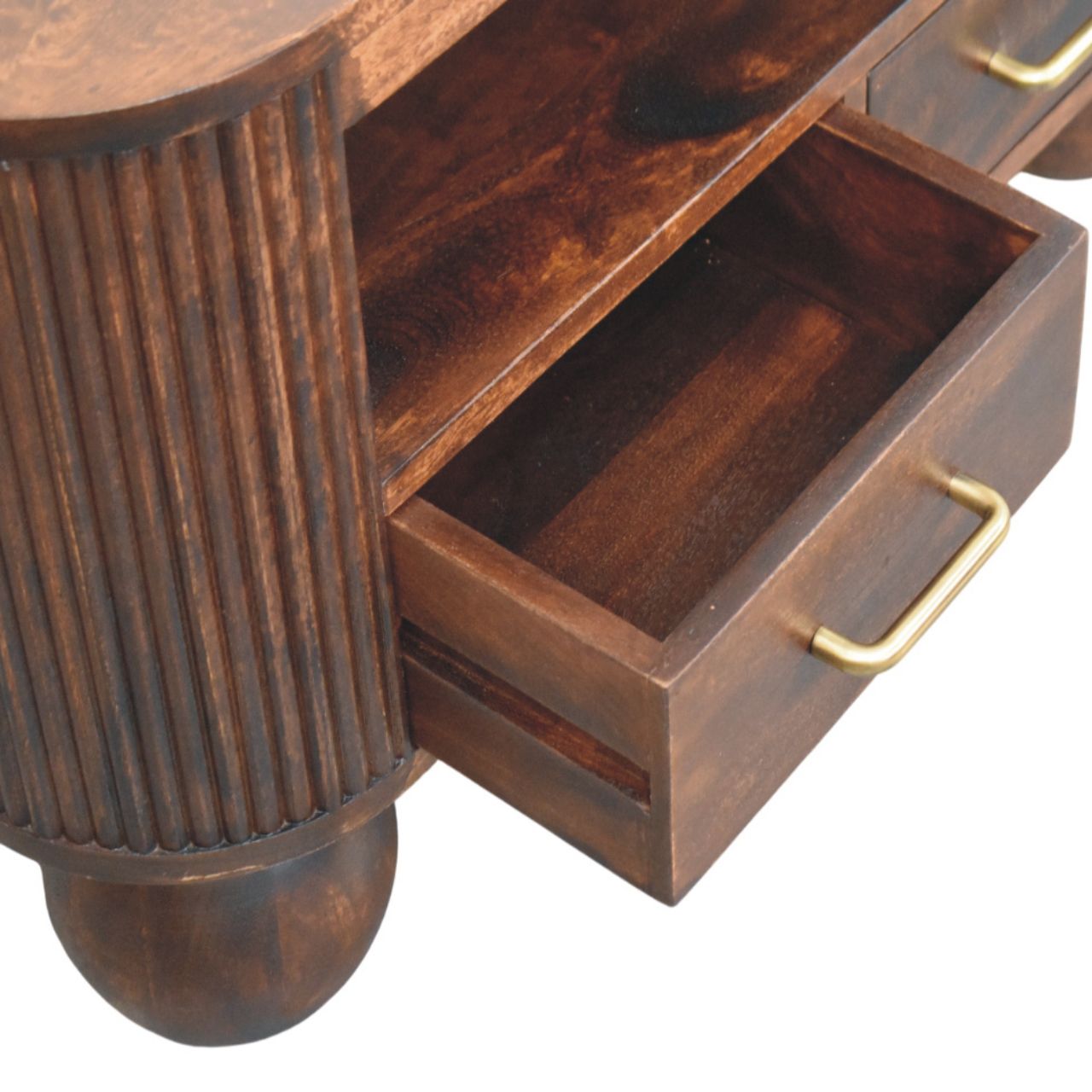 Sphere Leg Coffee Table – California Walnut Solid Mango Wood 2-Drawer Storage Unit with Fluted Detail