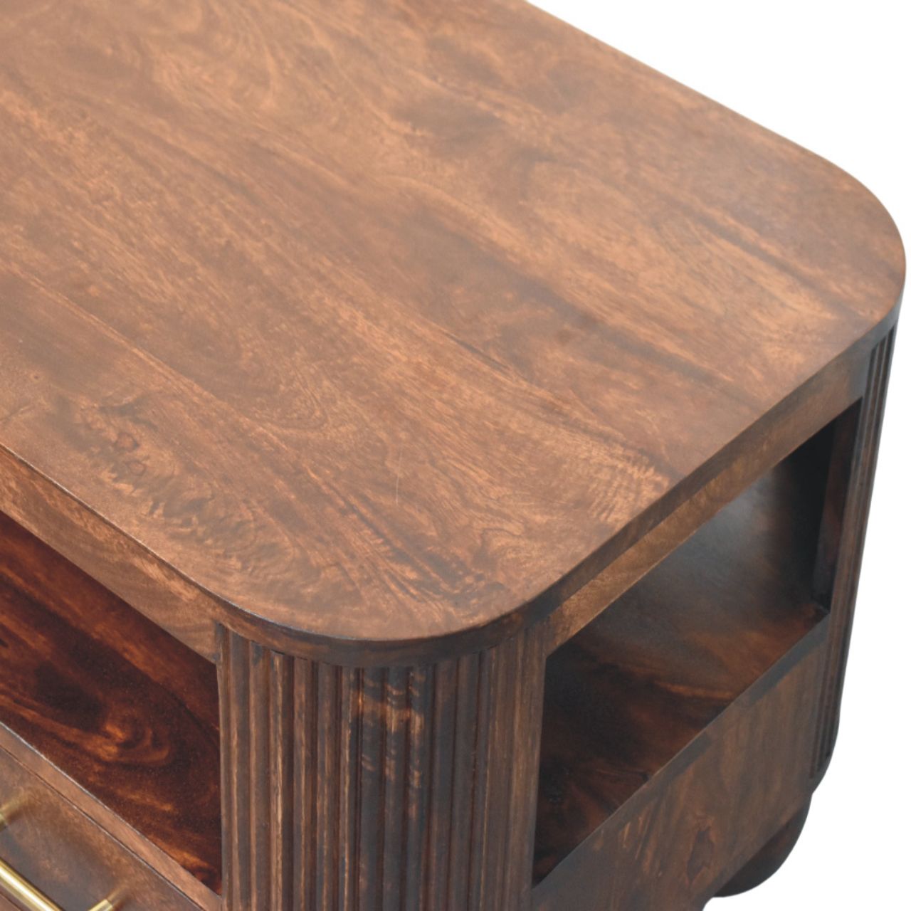 Sphere Leg Coffee Table – California Walnut Solid Mango Wood 2-Drawer Storage Unit with Fluted Detail