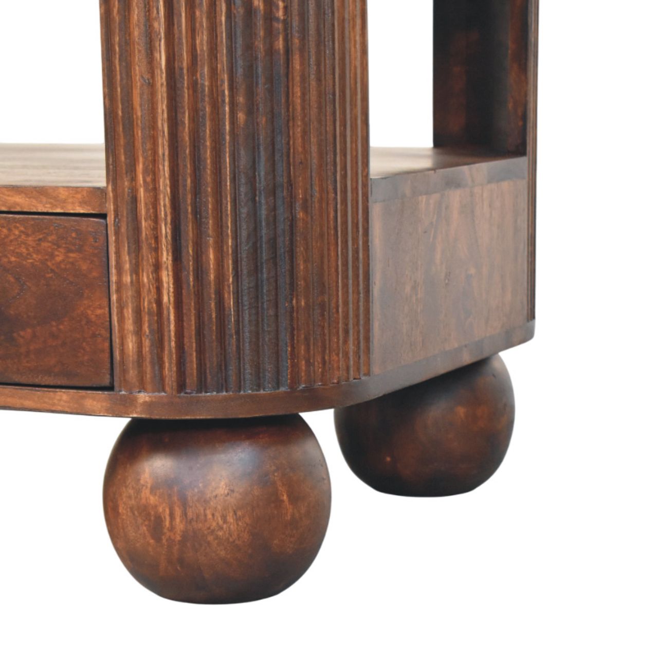 Sphere Leg Coffee Table – California Walnut Solid Mango Wood 2-Drawer Storage Unit with Fluted Detail