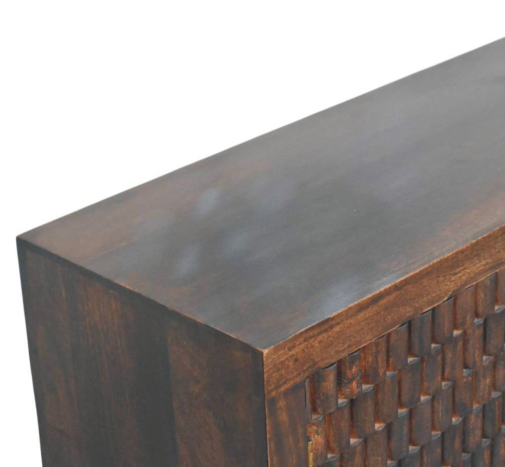 Cadiz Carved Drawer Chest – Velvet Mocha Solid Mango Wood Dresser with Geometric Facade