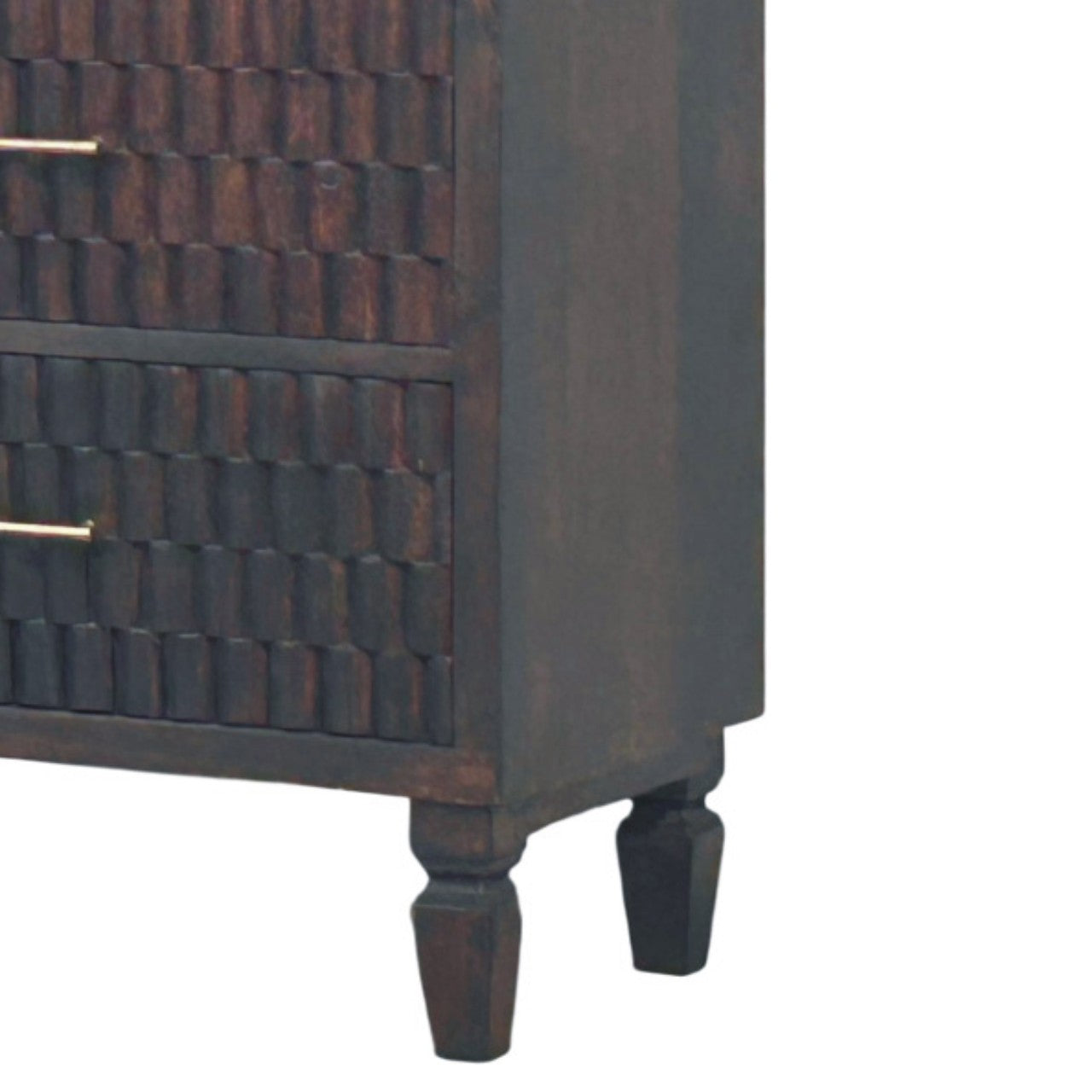 Cadiz Carved Drawer Chest – Velvet Mocha Solid Mango Wood Dresser with Geometric Facade
