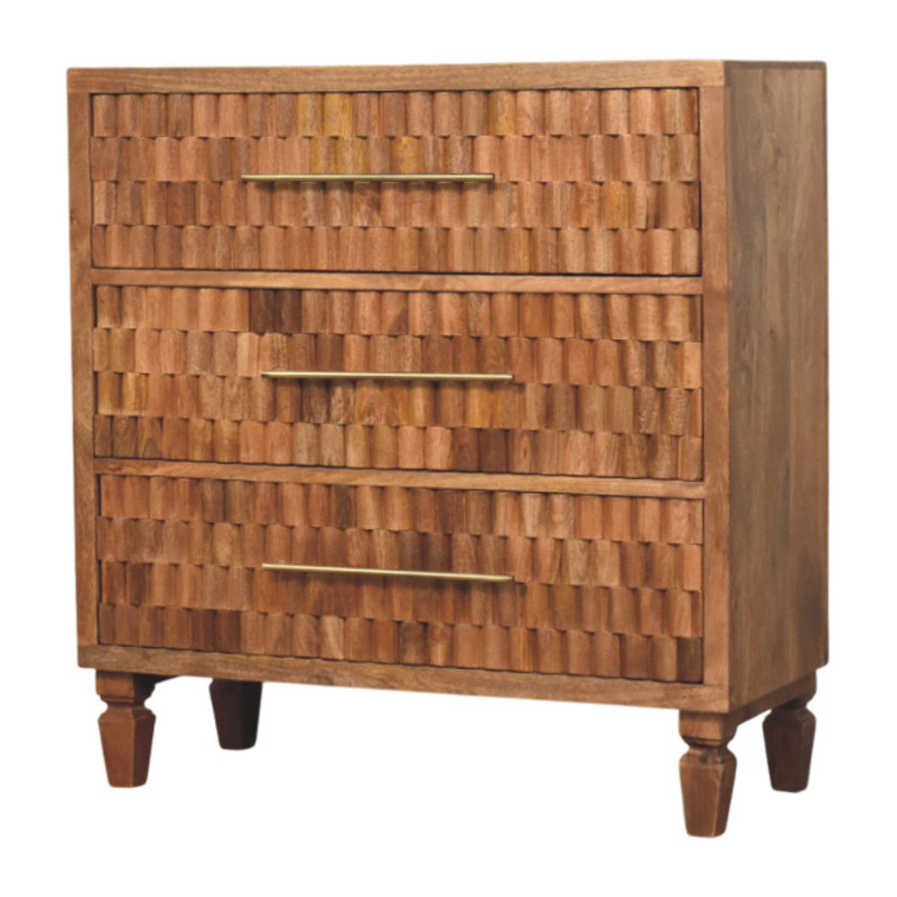 Luxury block-carved Solid Wood Chest of Drawers - 3 Drawers with Golden Bar. Arno Chest