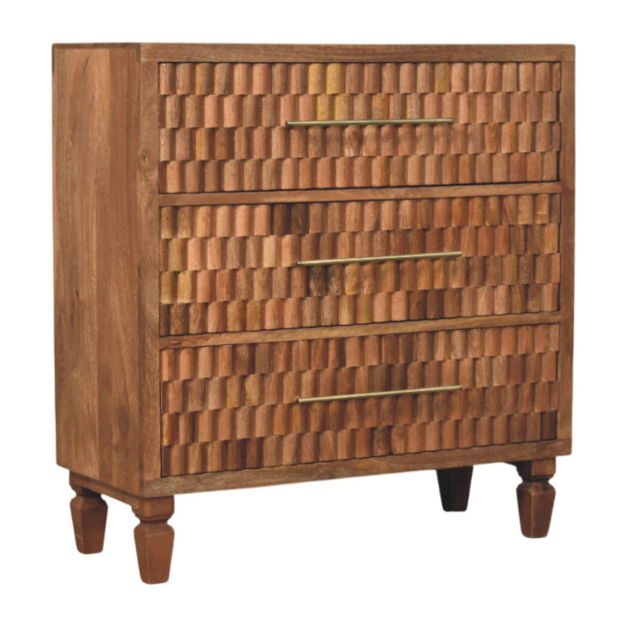 Luxury block-carved Solid Wood Chest of Drawers - 3 Drawers with Golden Bar. Arno Chest