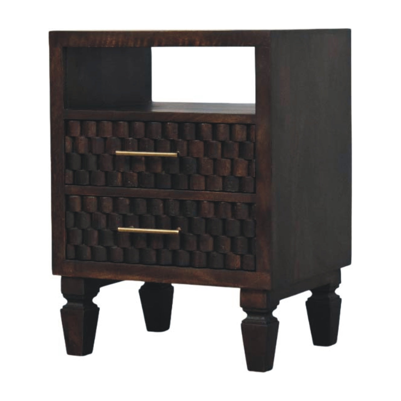 Cadiz Carved Bedside Table – Velvet Mocha Solid Mango Wood Nightstand with Geometric Front