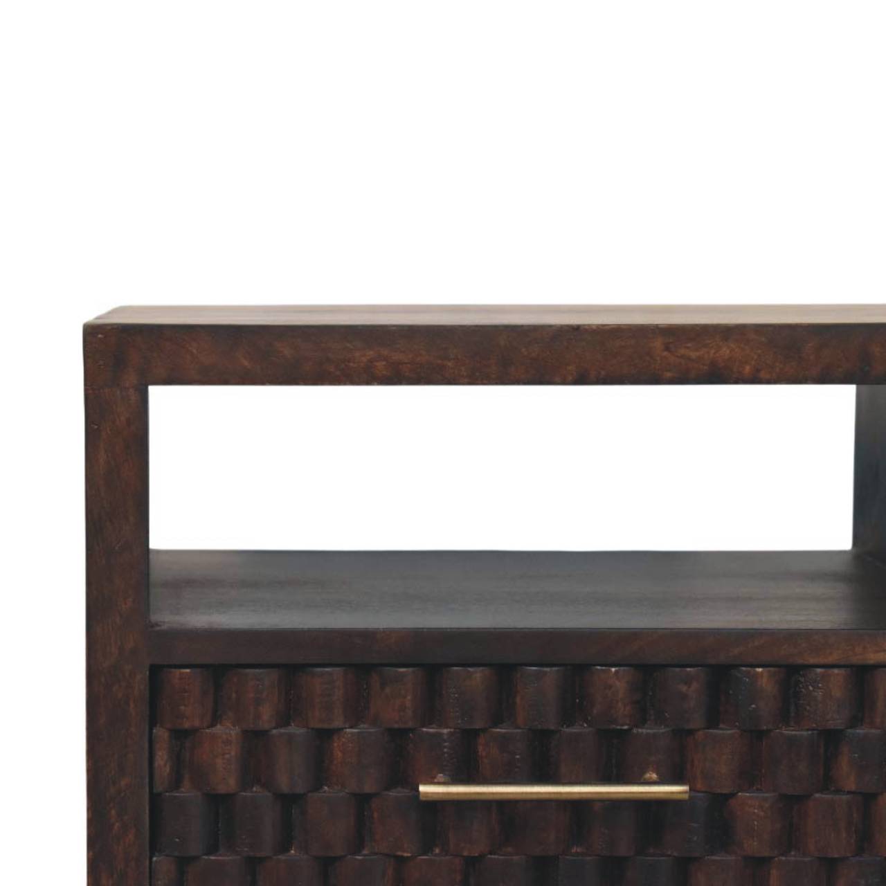 Cadiz Carved Bedside Table – Velvet Mocha Solid Mango Wood Nightstand with Geometric Front