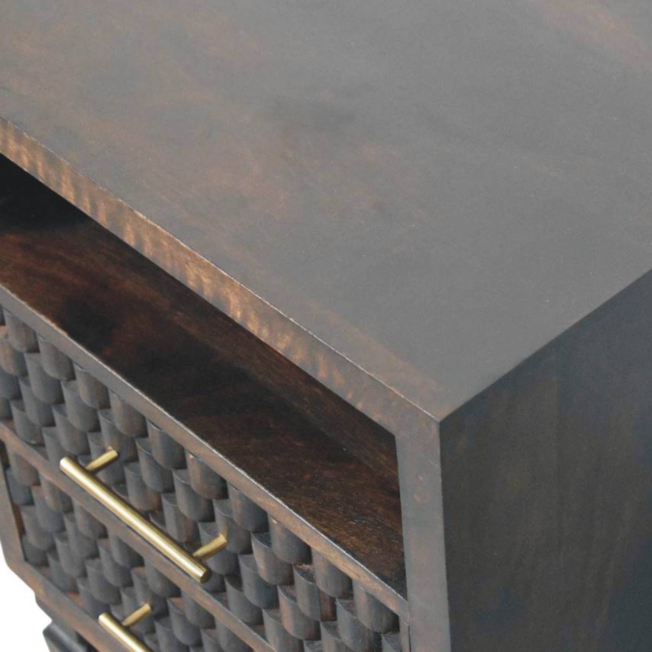 Cadiz Carved Bedside Table – Velvet Mocha Solid Mango Wood Nightstand with Geometric Front