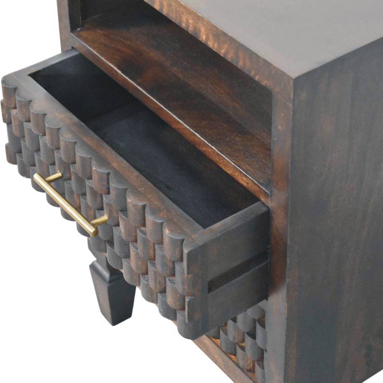 Cadiz Carved Bedside Table – Velvet Mocha Solid Mango Wood Nightstand with Geometric Front