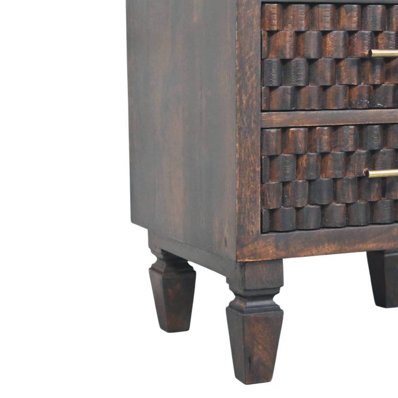 Cadiz Carved Bedside Table – Velvet Mocha Solid Mango Wood Nightstand with Geometric Front