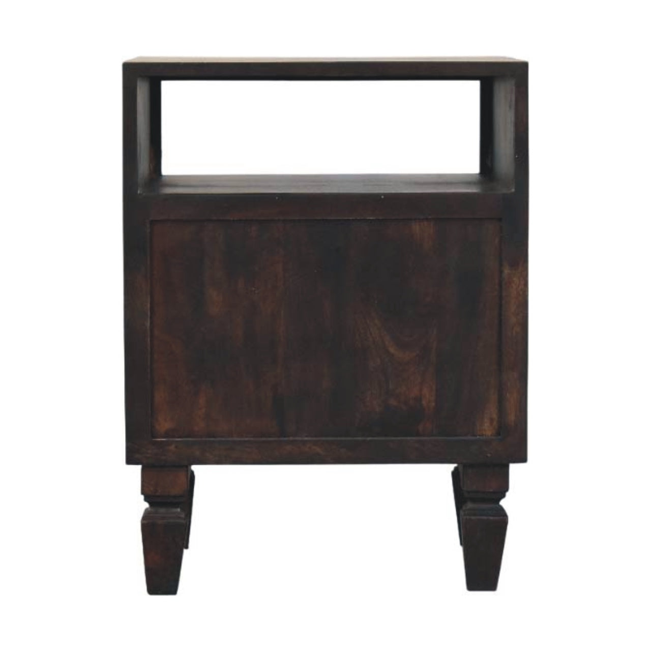Cadiz Carved Bedside Table – Velvet Mocha Solid Mango Wood Nightstand with Geometric Front