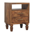 Arno Bedside in Golden Teak - 2 Drawer and Shelf Nightstand with Golden Bar and Carved Design