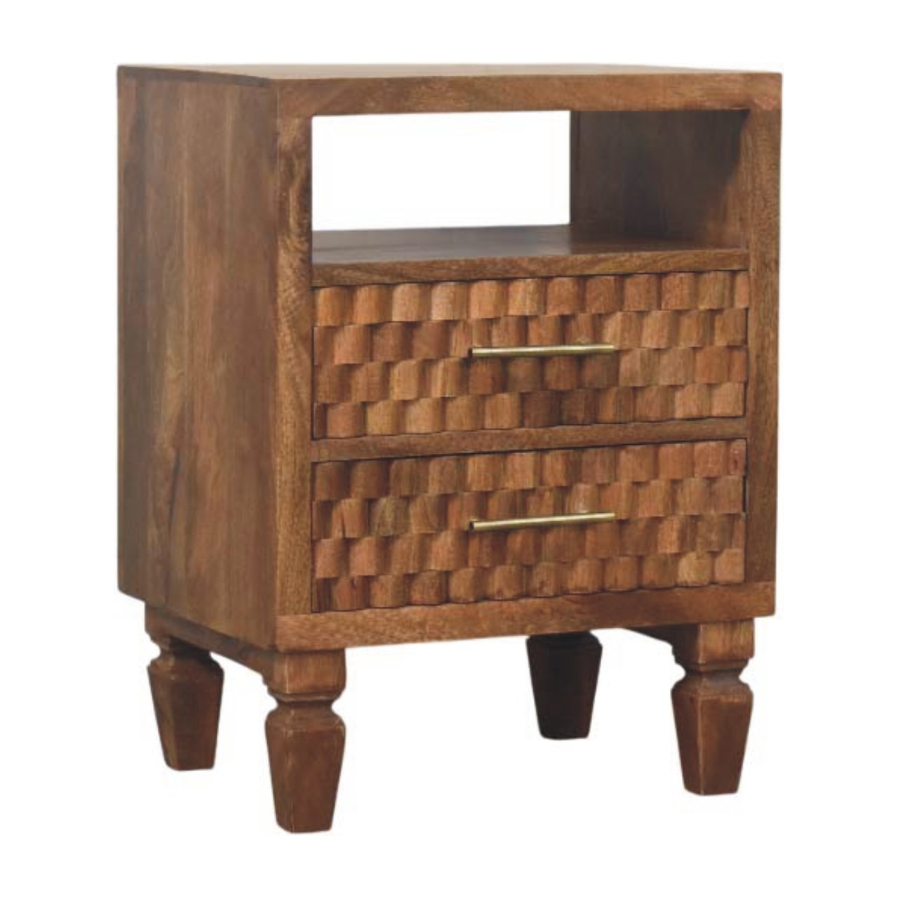 Arno Bedside in Golden Teak - 2 Drawer and Shelf Nightstand with Golden Bar and Carved Design