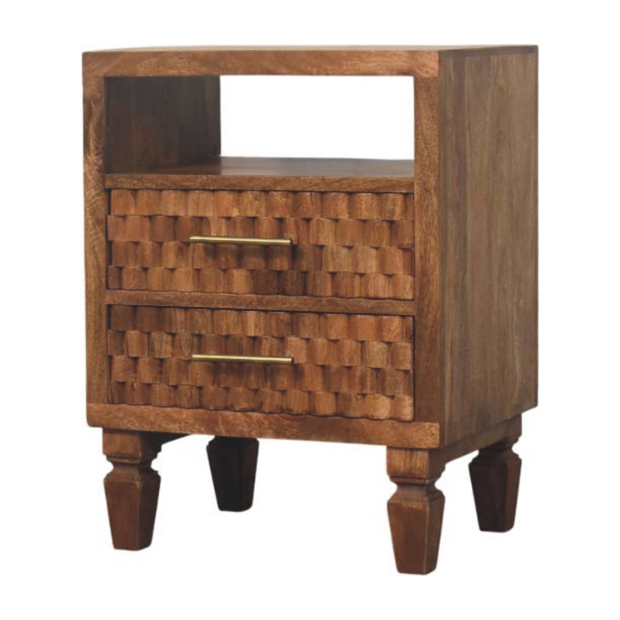 Arno Bedside in Golden Teak - 2 Drawer and Shelf Nightstand with Golden Bar and Carved Design