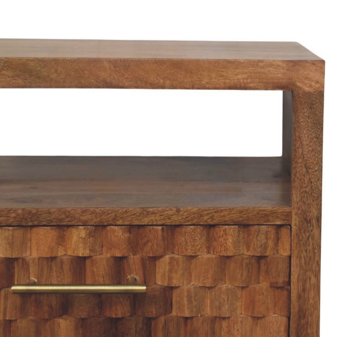 Arno Bedside in Golden Teak - 2 Drawer and Shelf Nightstand with Golden Bar and Carved Design