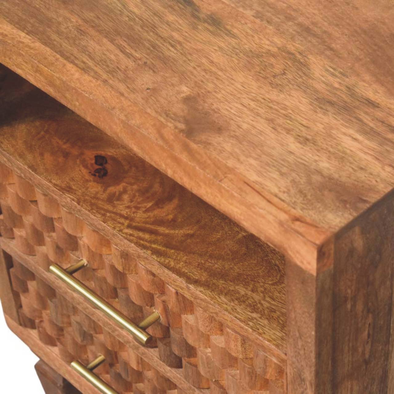 Arno Bedside in Golden Teak - 2 Drawer and Shelf Nightstand with Golden Bar and Carved Design