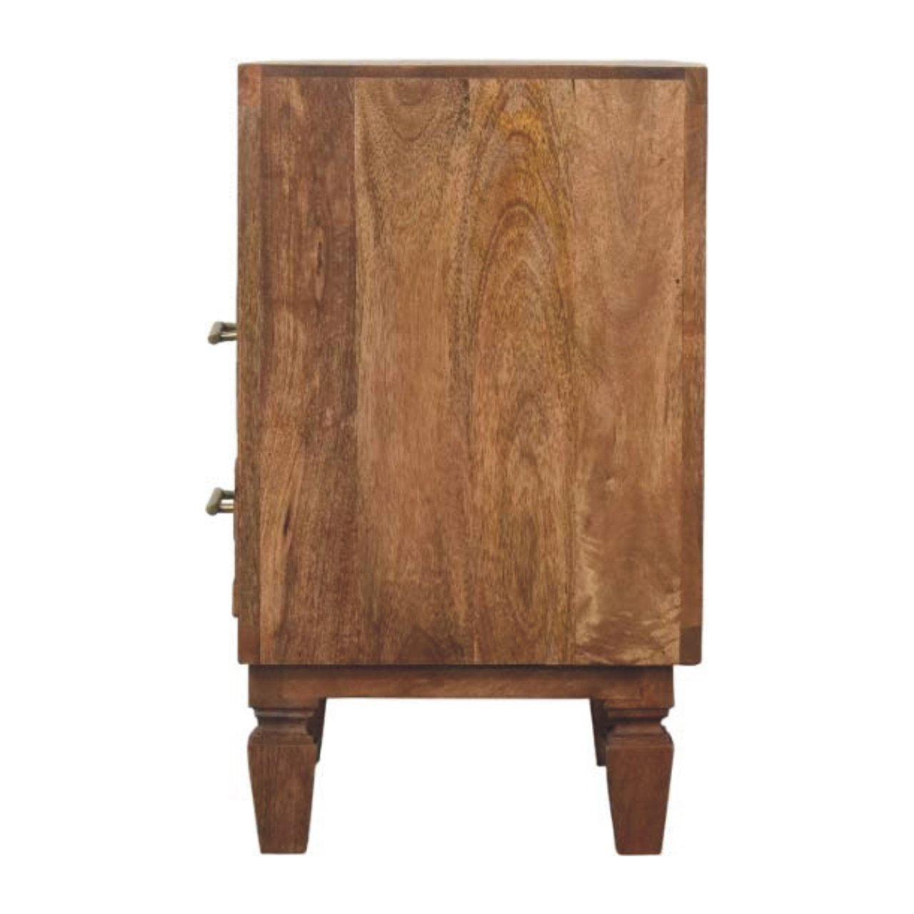 Arno Bedside in Golden Teak - 2 Drawer and Shelf Nightstand with Golden Bar and Carved Design