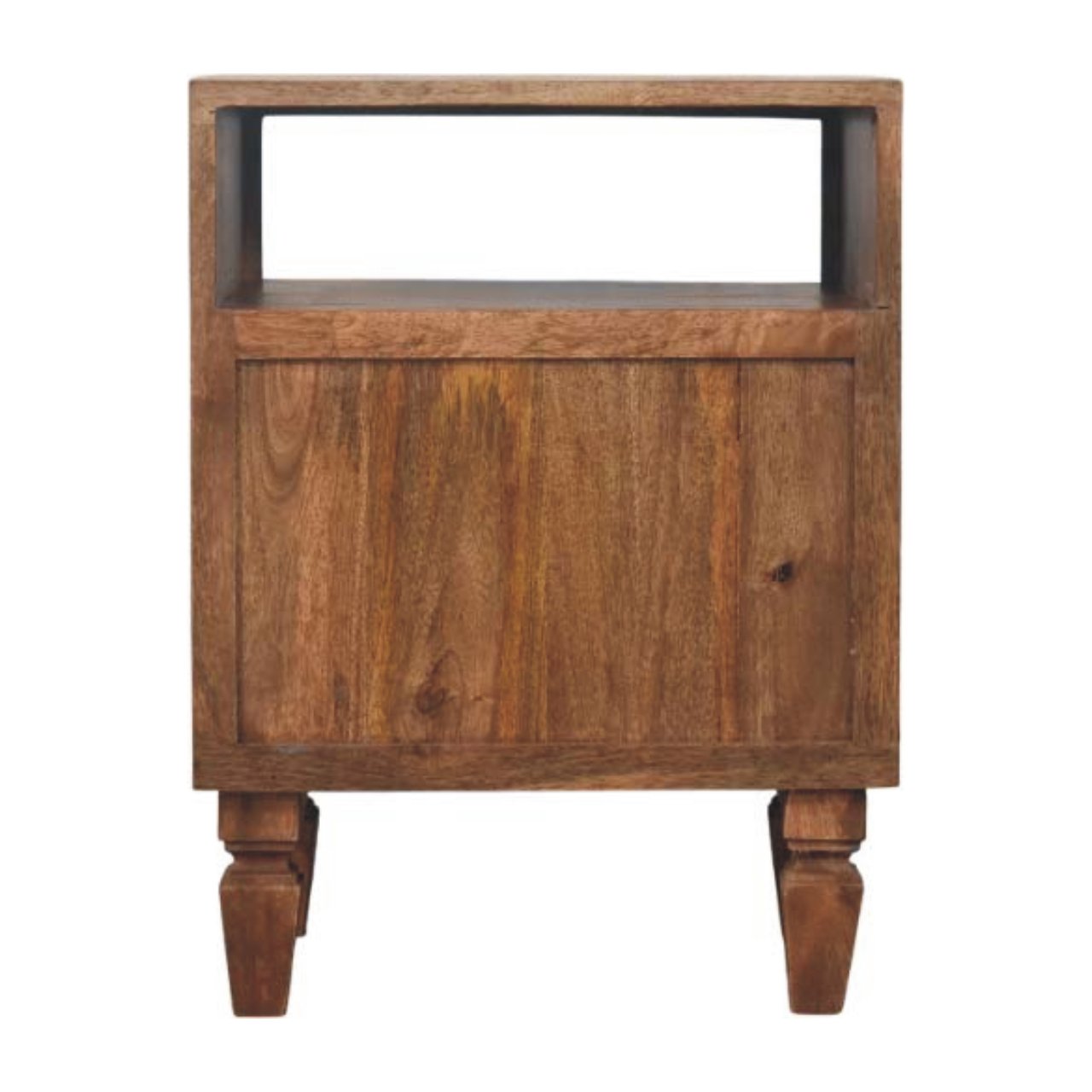 Arno Bedside in Golden Teak - 2 Drawer and Shelf Nightstand with Golden Bar and Carved Design