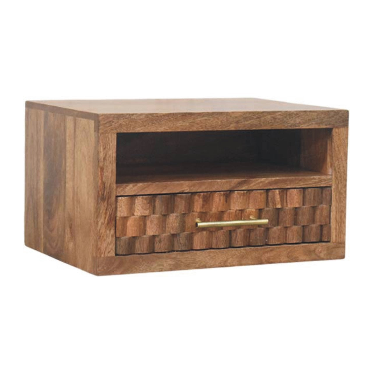 Cadiz Carved Slot-Drawer Bedside – Golden Teak Solid Mango Wood Nightstand with Geometric Front