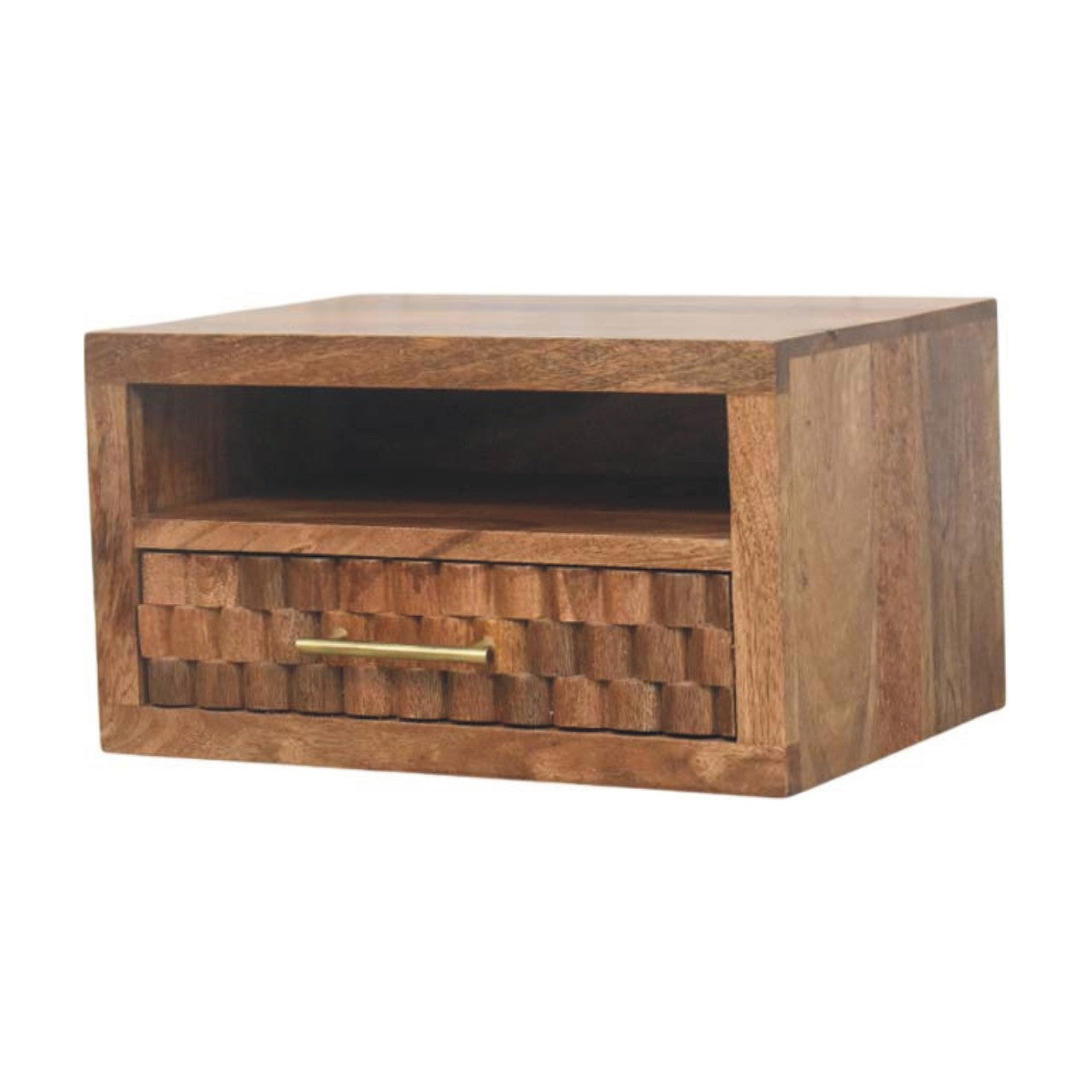 Cadiz Carved Slot-Drawer Bedside – Golden Teak Solid Mango Wood Nightstand with Geometric Front