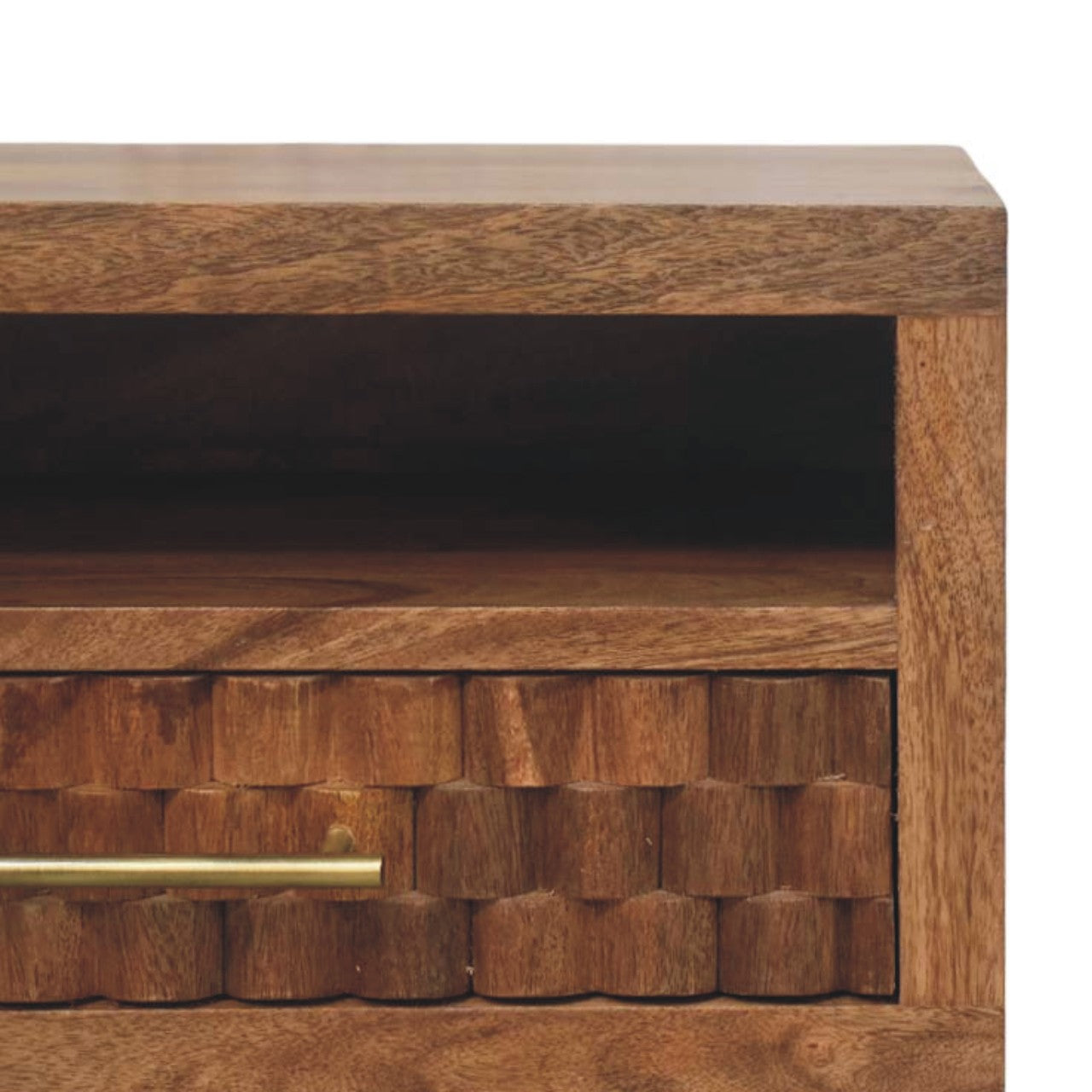 Cadiz Carved Slot-Drawer Bedside – Golden Teak Solid Mango Wood Nightstand with Geometric Front