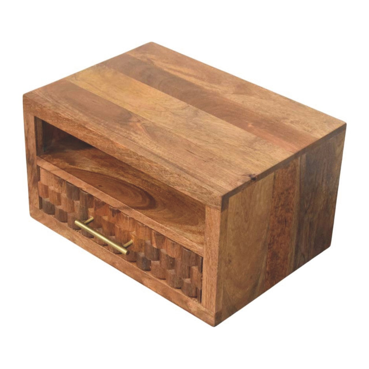 Cadiz Carved Slot-Drawer Bedside – Golden Teak Solid Mango Wood Nightstand with Geometric Front