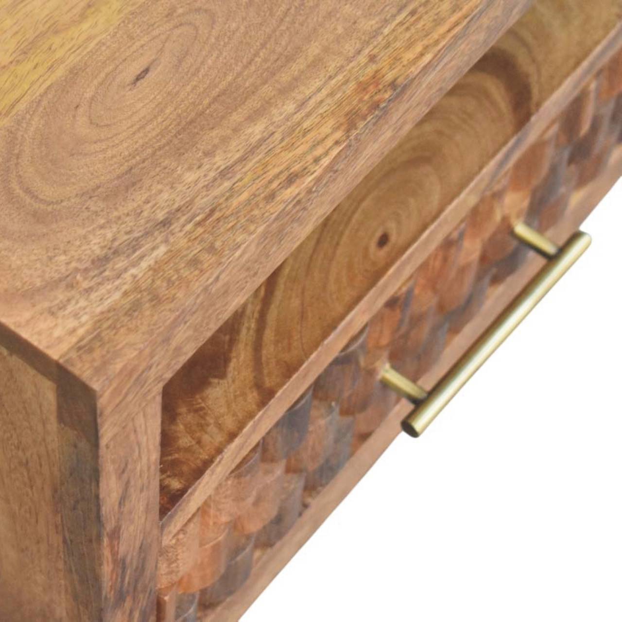 Cadiz Carved Slot-Drawer Bedside – Golden Teak Solid Mango Wood Nightstand with Geometric Front