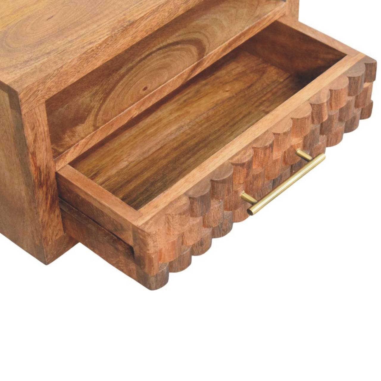 Cadiz Carved Slot-Drawer Bedside – Golden Teak Solid Mango Wood Nightstand with Geometric Front
