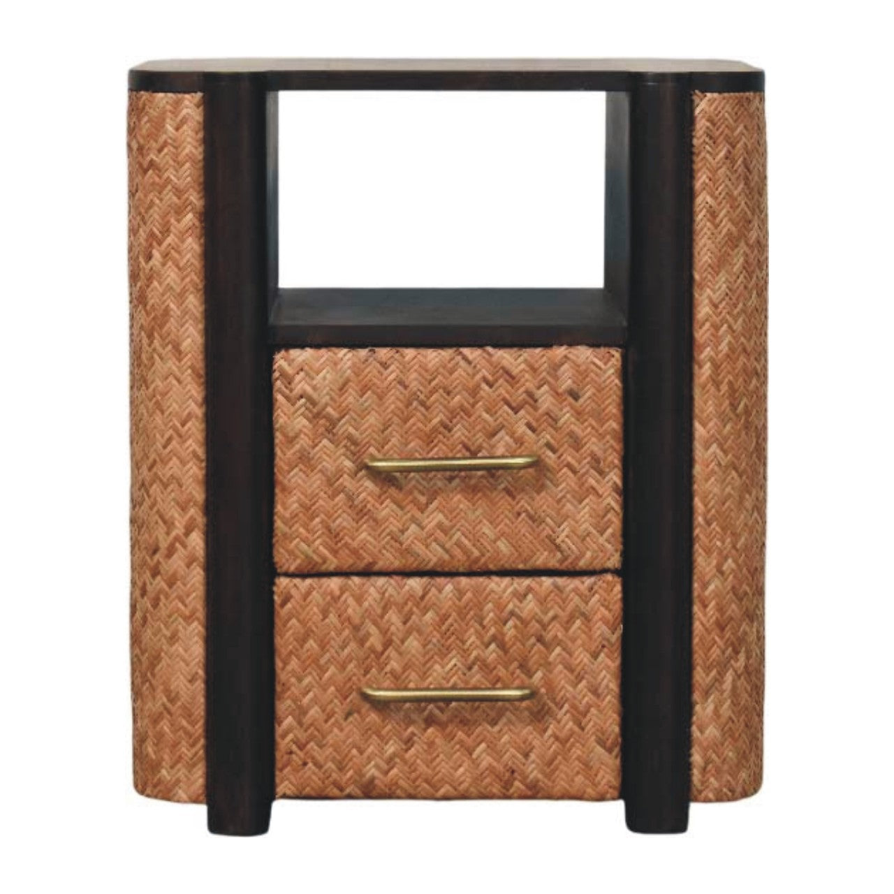 Rattan Curve Edge Nightstand - Solid Wood with 2 Drawers & Open Shelf