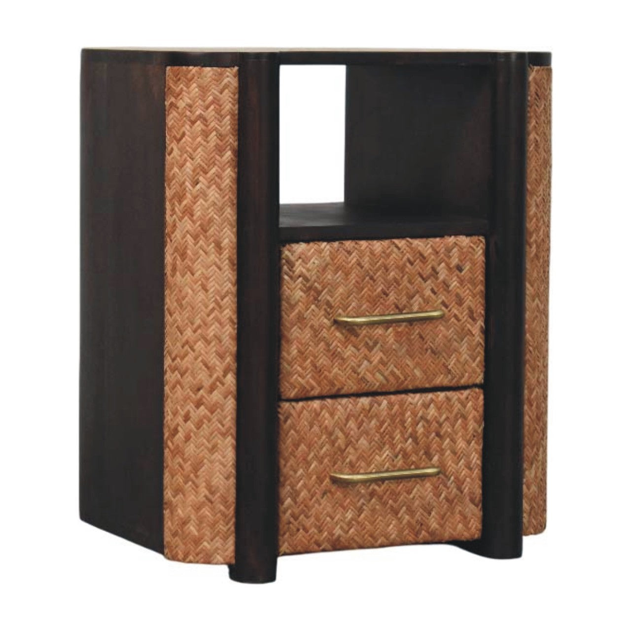 Rattan Curve Edge Nightstand - Solid Wood with 2 Drawers & Open Shelf