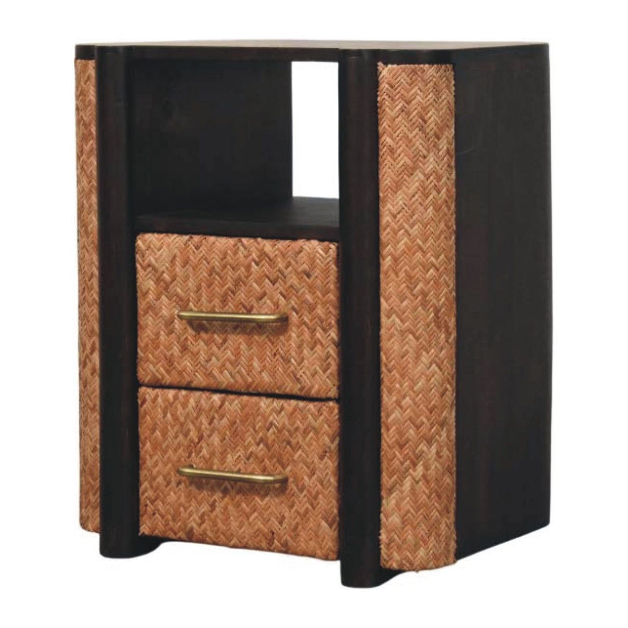 Rattan Curve Edge Nightstand - Solid Wood with 2 Drawers & Open Shelf