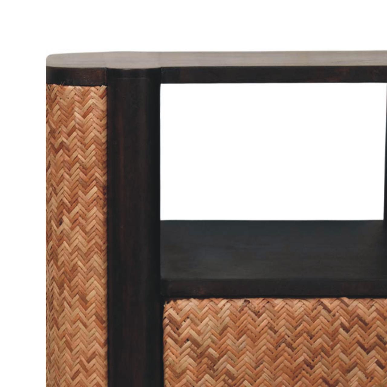 Rattan Curve Edge Nightstand - Solid Wood with 2 Drawers & Open Shelf