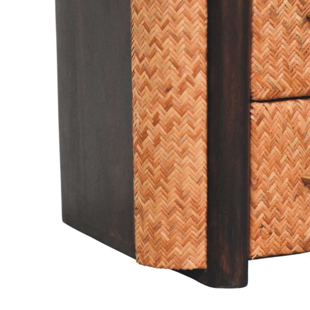 Rattan Curve Edge Nightstand - Solid Wood with 2 Drawers & Open Shelf