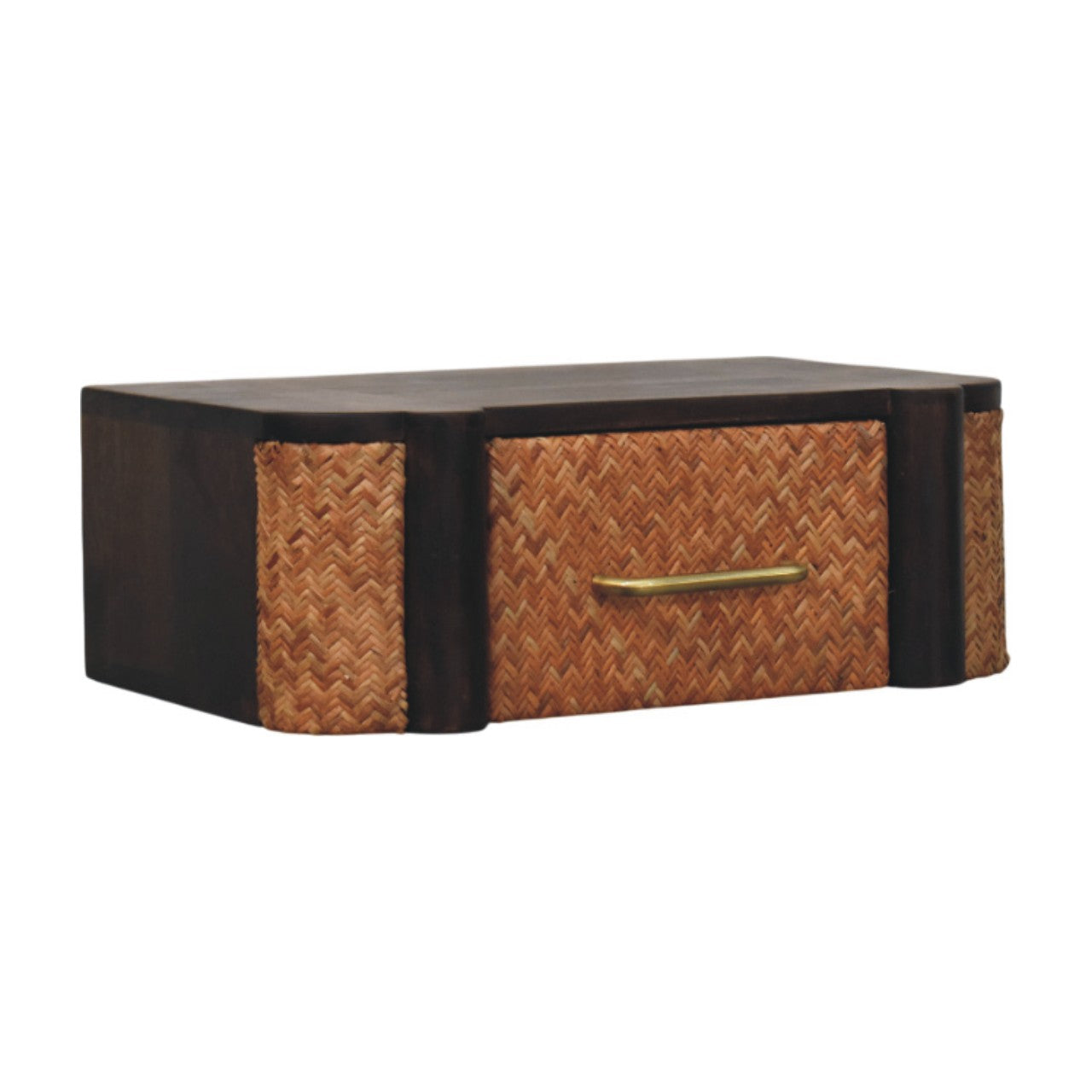 Rattan Curve Wall-Mounted Drawer – Solid Wood Floating Nightstand with Brass Handle