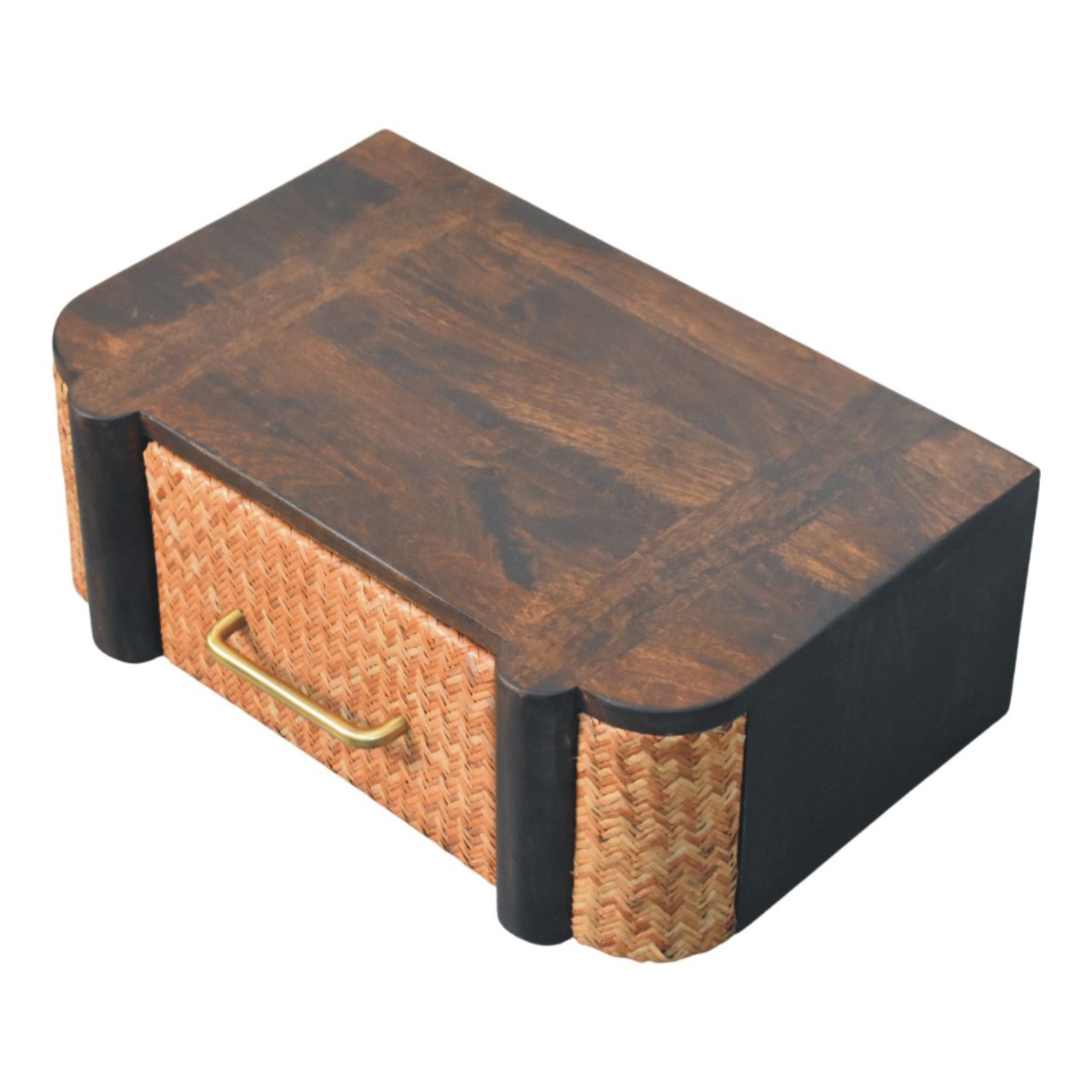 Rattan Curve Wall-Mounted Drawer – Solid Wood Floating Nightstand with Brass Handle