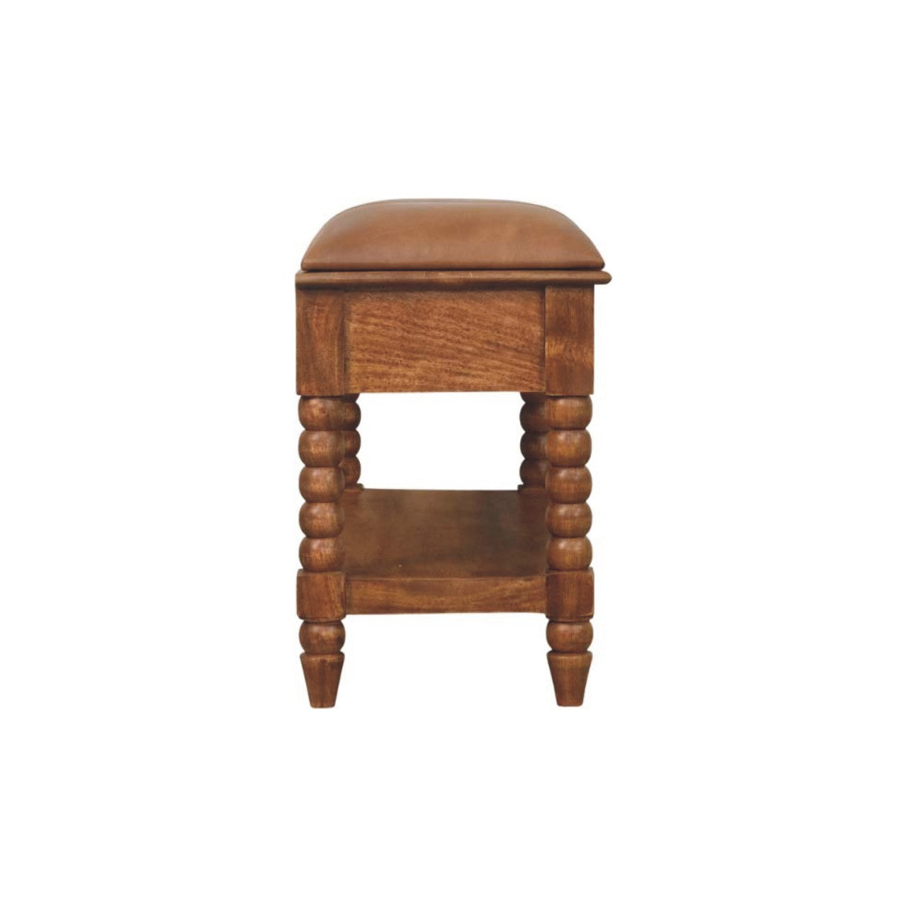 Amber Oak Leather Spindle Bench – Solid Mango Wood Storage Bench with Drawers & Shelf