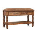 Amber Oak Leather Spindle Bench – Solid Mango Wood Storage Bench with Drawers & Shelf