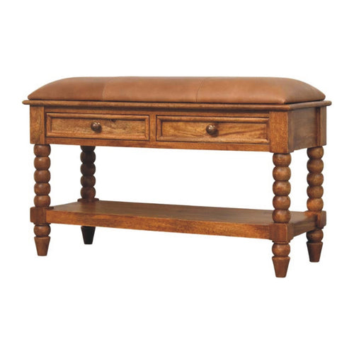 Amber Oak Leather Spindle Bench – Solid Mango Wood Storage Bench with Drawers & Shelf