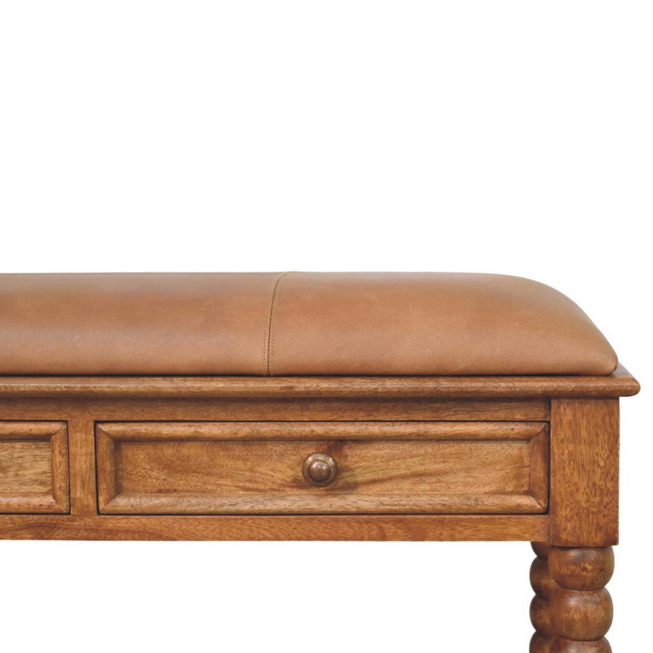 Amber Oak Leather Spindle Bench – Solid Mango Wood Storage Bench with Drawers & Shelf