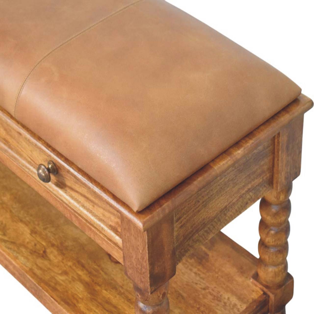 Amber Oak Leather Spindle Bench – Solid Mango Wood Storage Bench with Drawers & Shelf