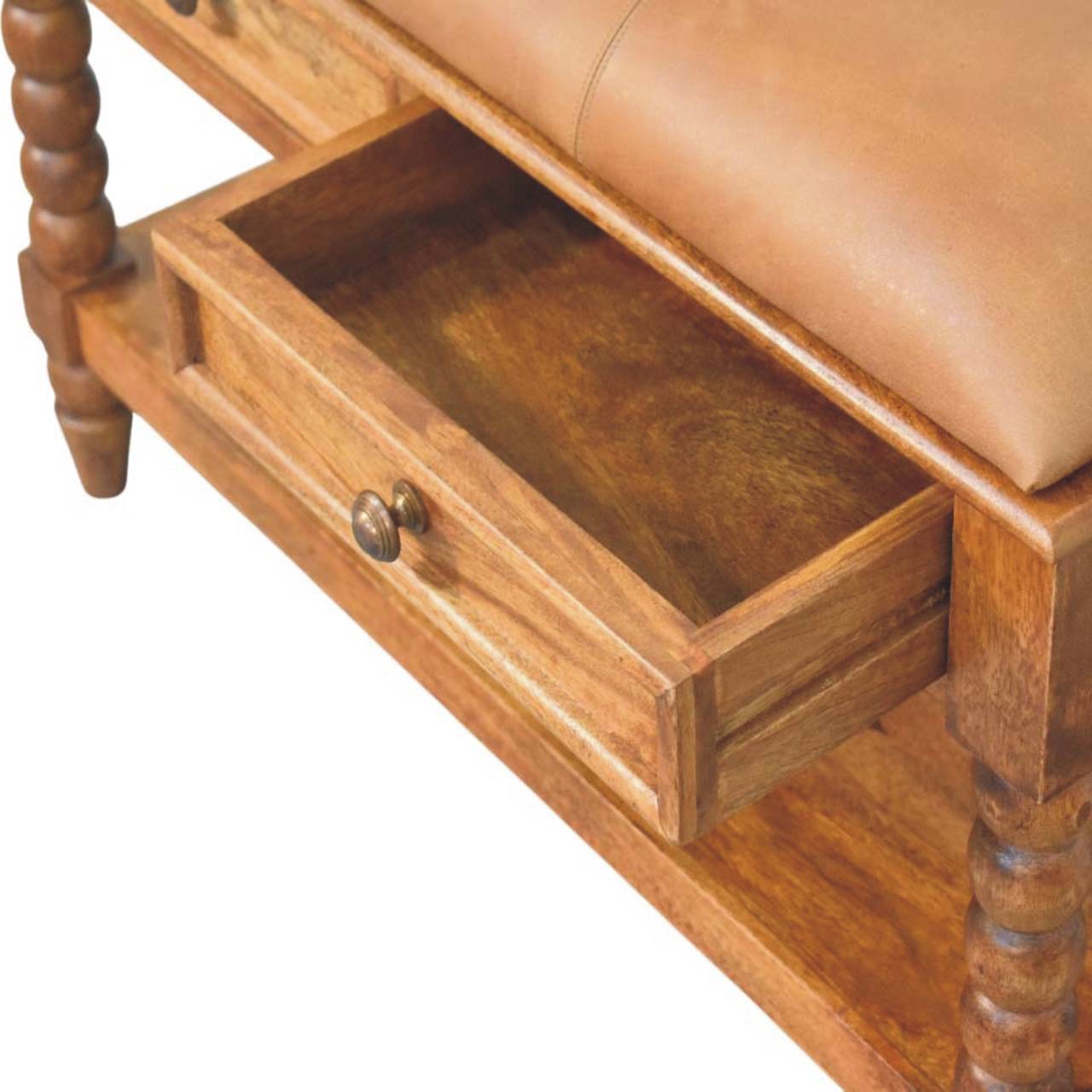 Amber Oak Leather Spindle Bench – Solid Mango Wood Storage Bench with Drawers & Shelf