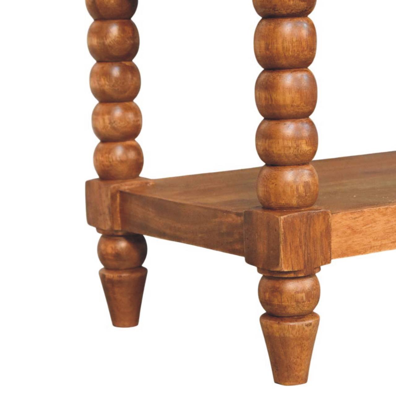 Amber Oak Leather Spindle Bench – Solid Mango Wood Storage Bench with Drawers & Shelf