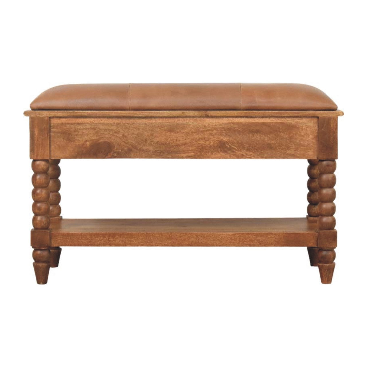 Amber Oak Leather Spindle Bench – Solid Mango Wood Storage Bench with Drawers & Shelf