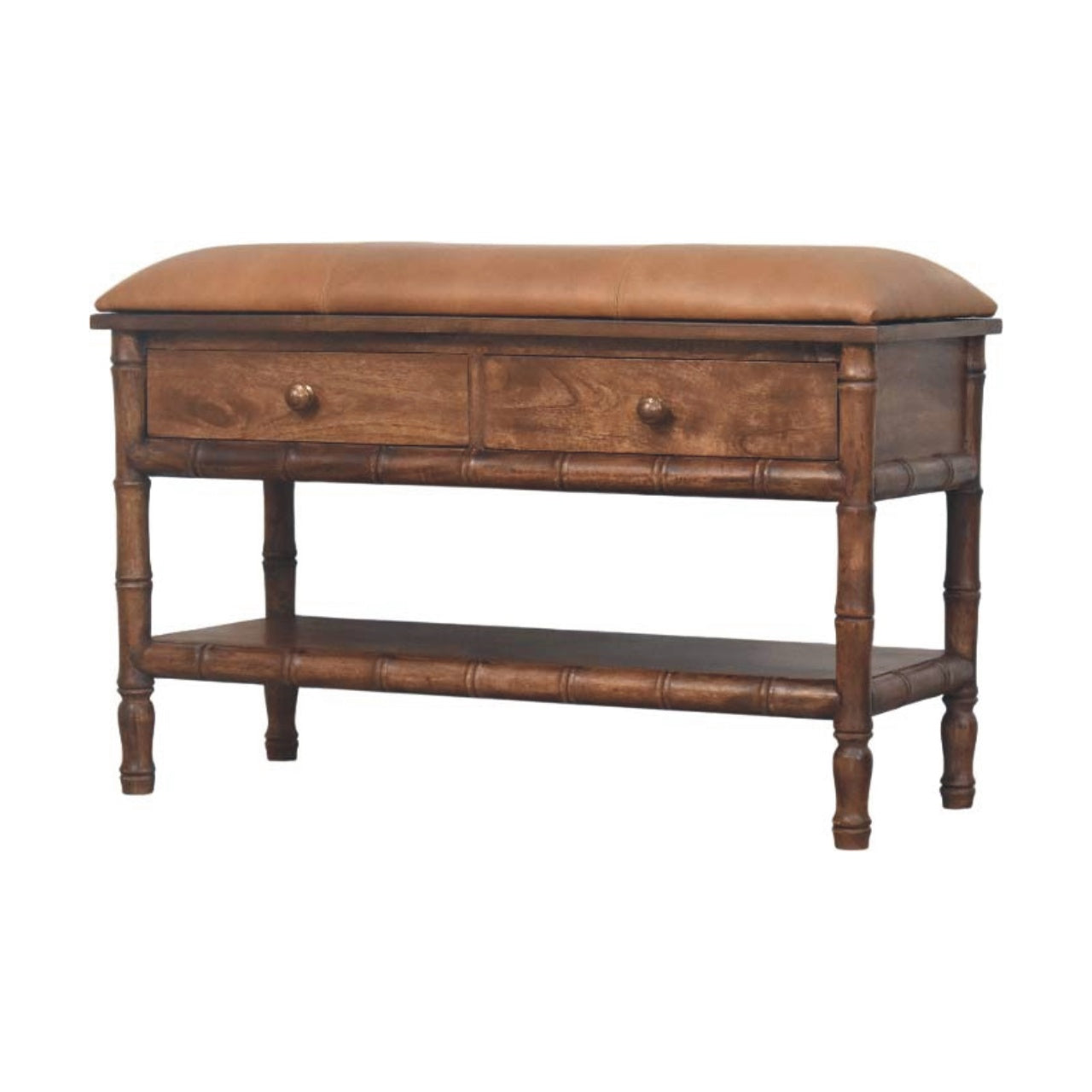 Solid Wood 2 Drawer Entryway Storage Bench, Bamboo Carved, Leather Seat