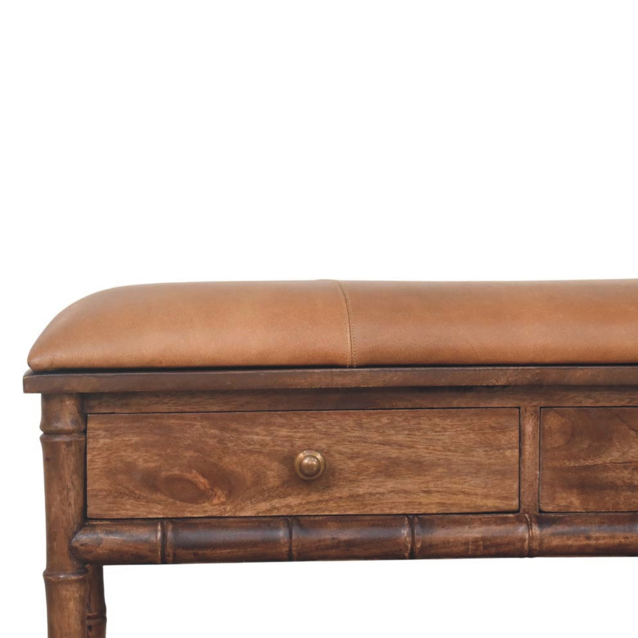 Solid Wood 2 Drawer Entryway Storage Bench, Bamboo Carved, Leather Seat