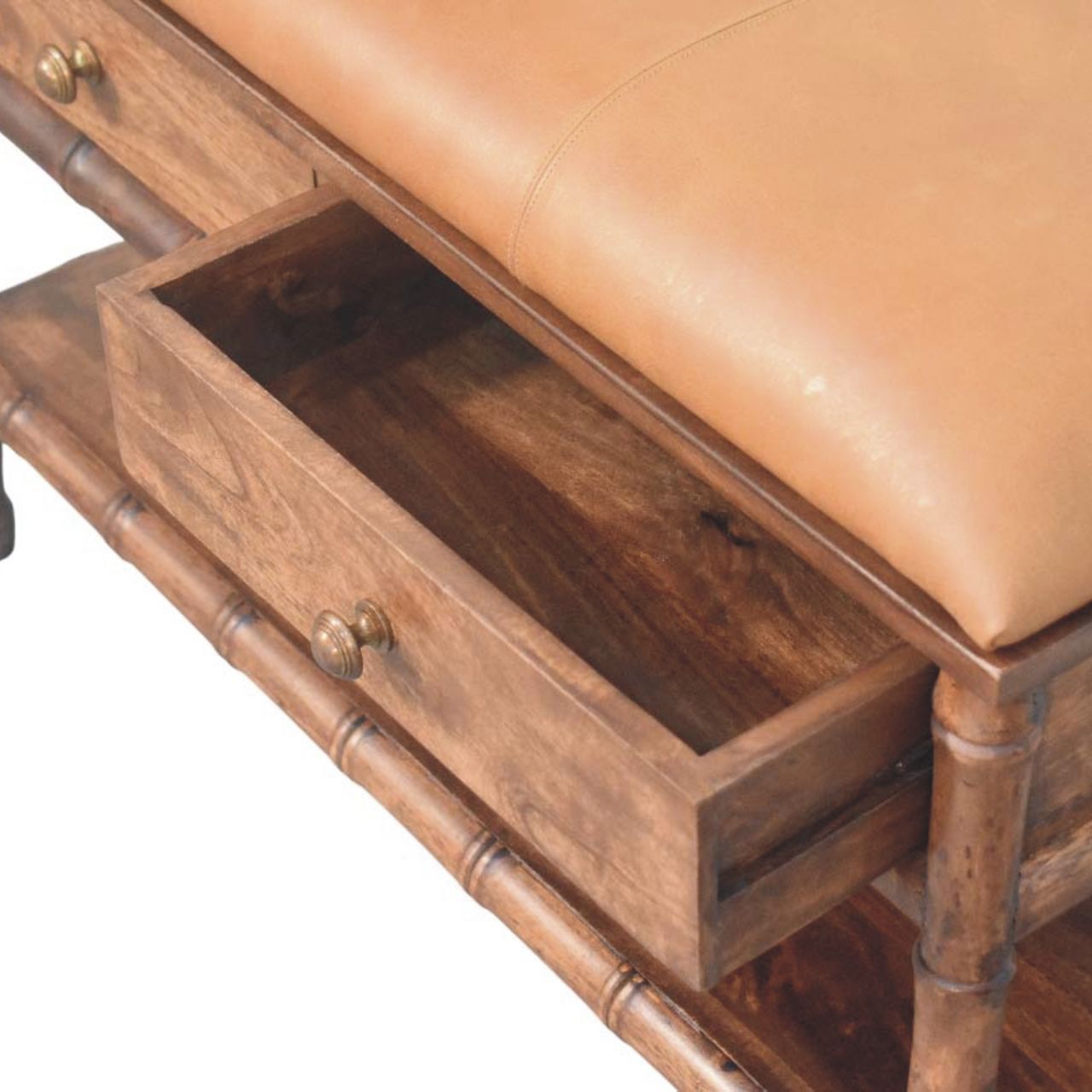 Solid Wood 2 Drawer Entryway Storage Bench, Bamboo Carved, Leather Seat