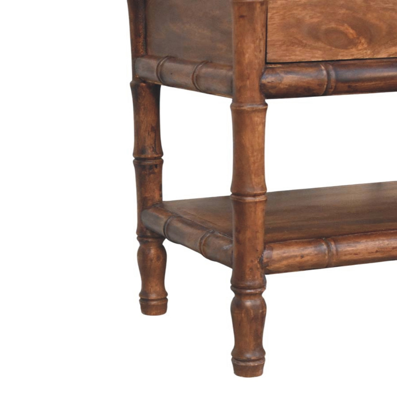 Solid Wood 2 Drawer Entryway Storage Bench, Bamboo Carved, Leather Seat