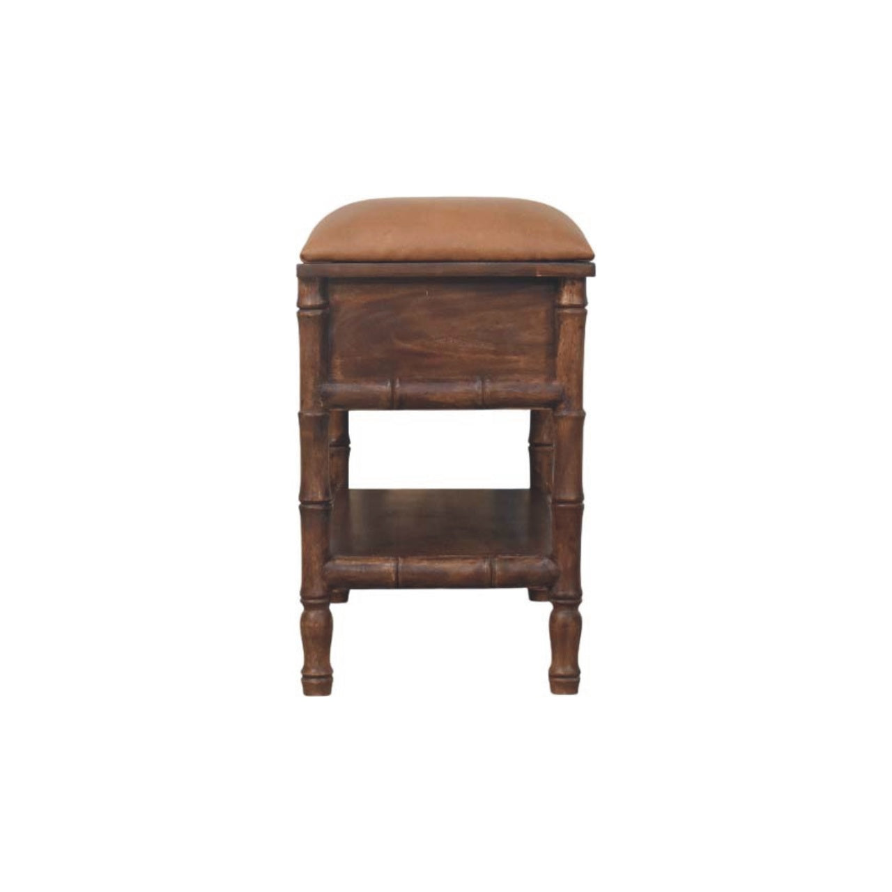 Solid Wood 2 Drawer Entryway Storage Bench, Bamboo Carved, Leather Seat