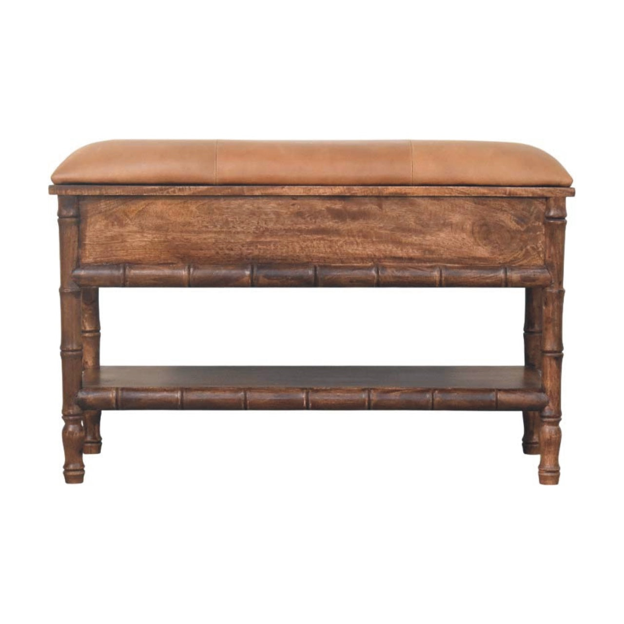Solid Wood 2 Drawer Entryway Storage Bench, Bamboo Carved, Leather Seat