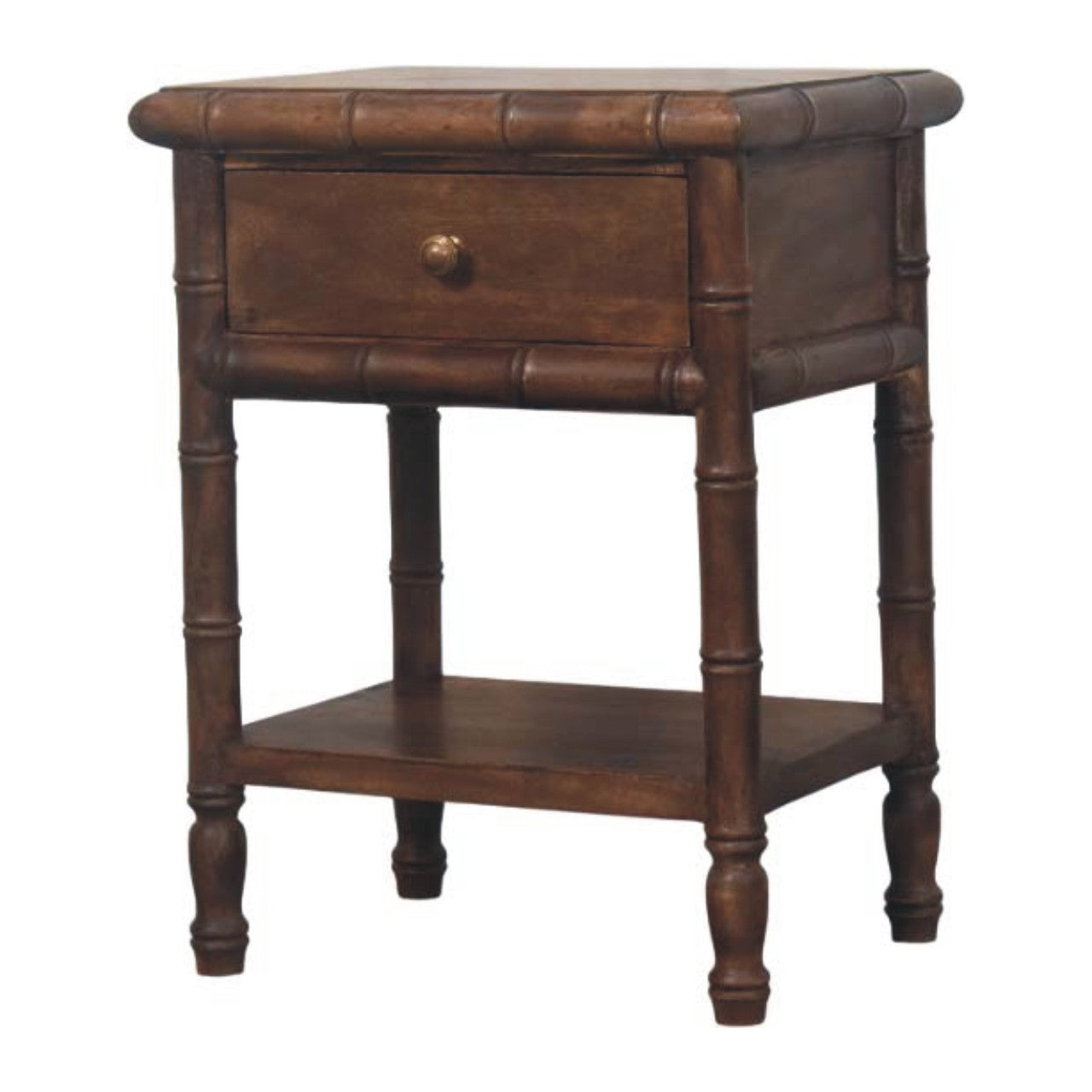 Solid Wood Bedside Table with Drawer and Shelf, Bamboo Carved